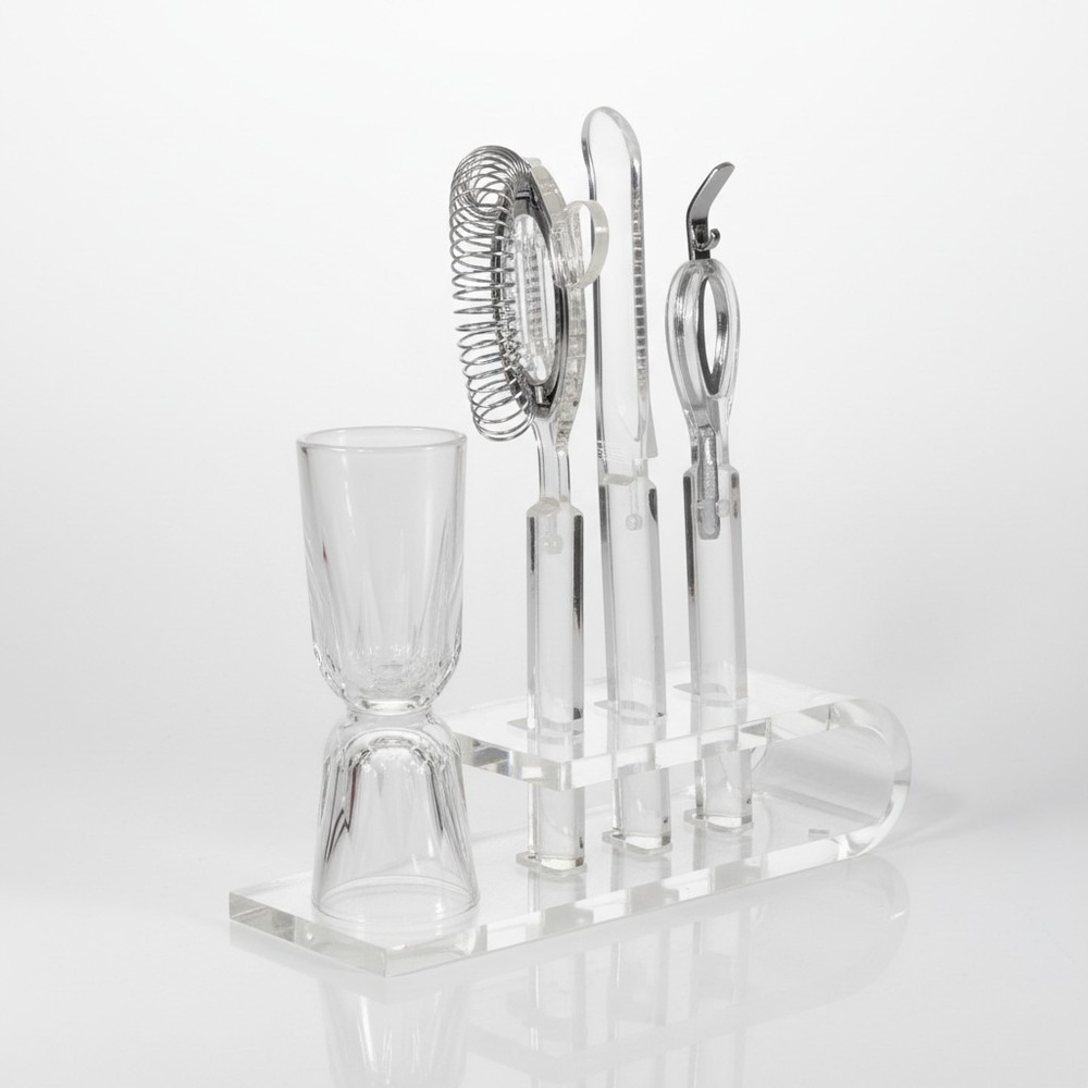 Vintage Rare 70s Lucite Bar Tool Set 5pc Clear Acrylic Stand Strainer Opener MCM